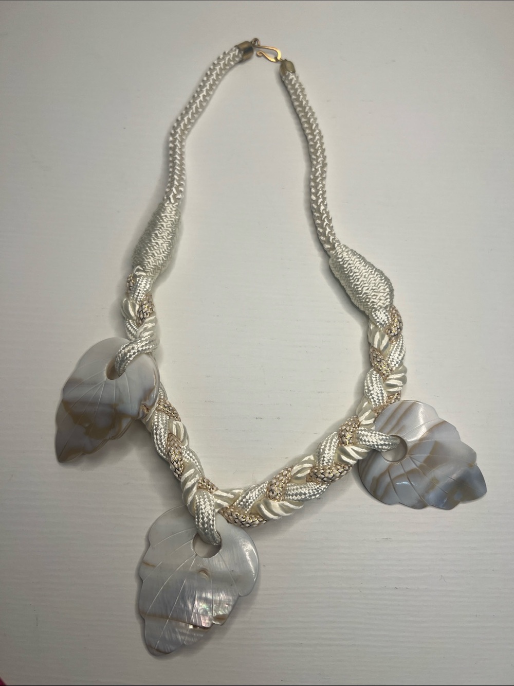 Women’s Ivory Braided Necklace with Mother-of-Pearl Leaf Pendants